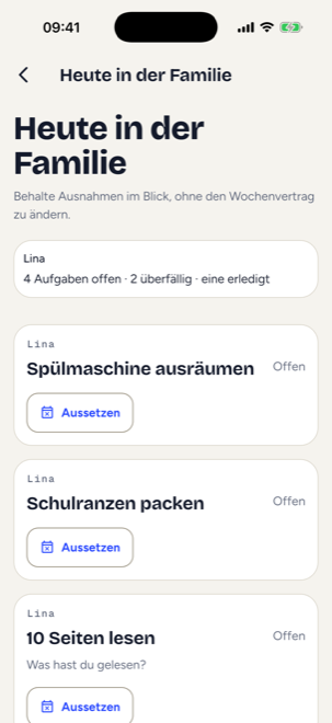 Elternansicht „Heute in der Familie“ mit offenen, überfälligen und erledigten Aufgaben und der Möglichkeit, einzelne Termine auszusetzen.
