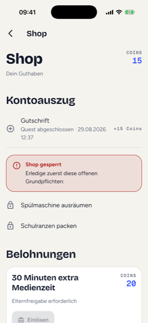 Shop mit Kontoauszug, gesperrtem Zustand samt Begründung und einer Belohnung, die eine Elternfreigabe braucht.