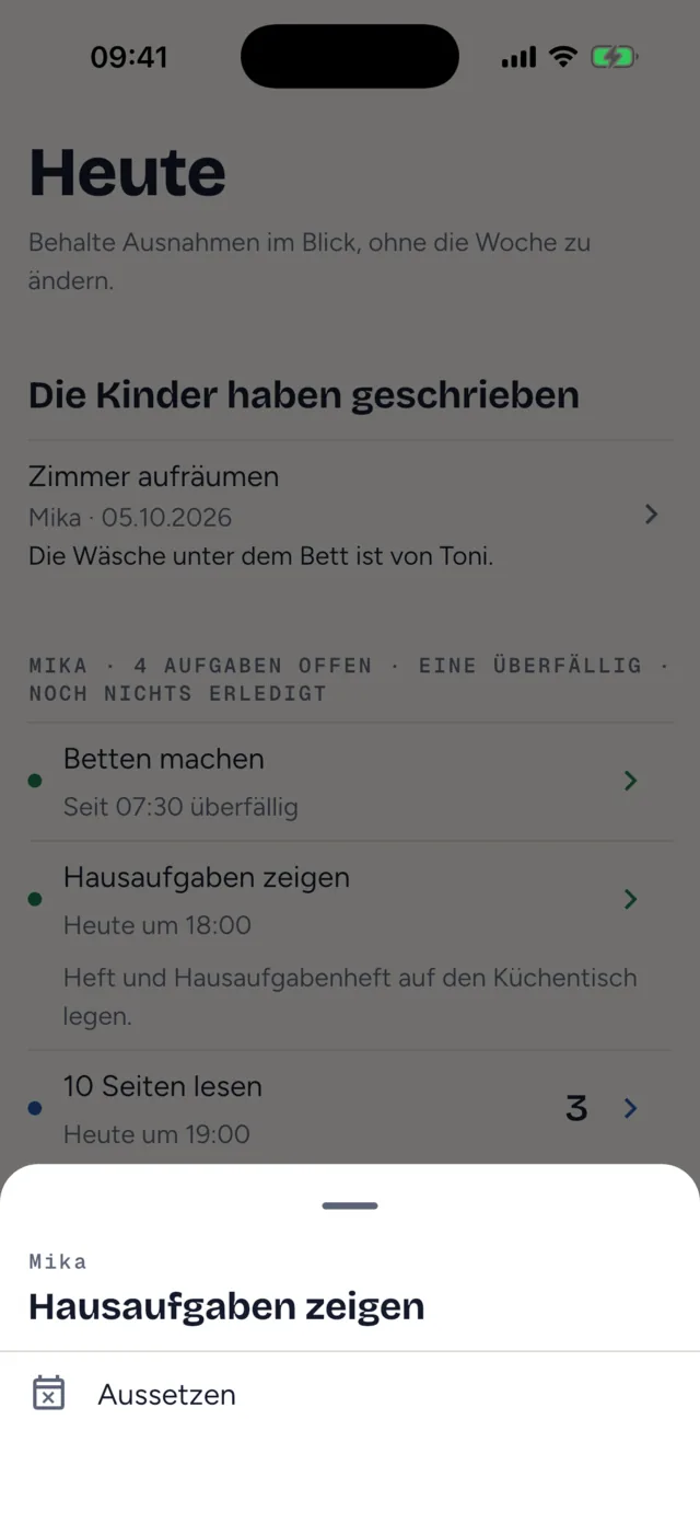 Das Blatt zu einer Aufgabe auf „Heute“ mit dem Namen des Kindes, dem Titel der Aufgabe und der Zeile „Aussetzen“.