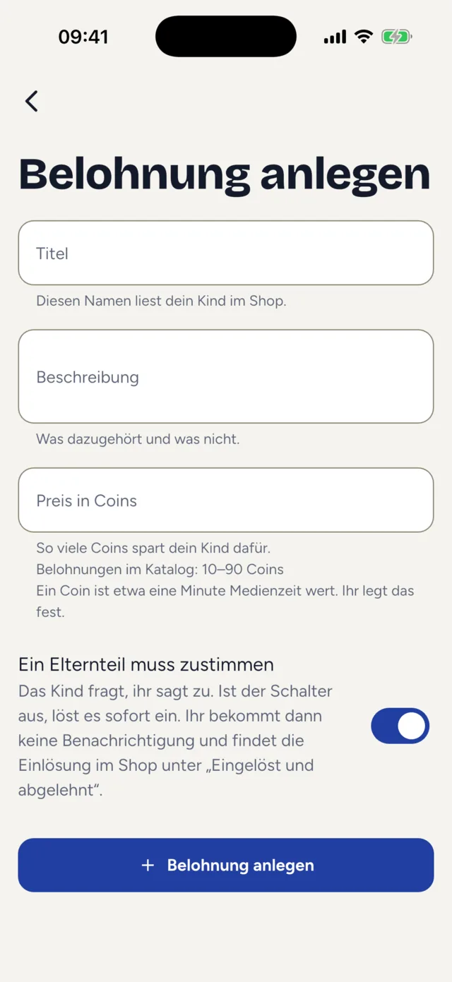 Das Formular „Belohnung anlegen“ mit den Feldern „Titel“, „Beschreibung“, „Preis in Coins“ und dem Schalter „Ein Elternteil muss zustimmen“.