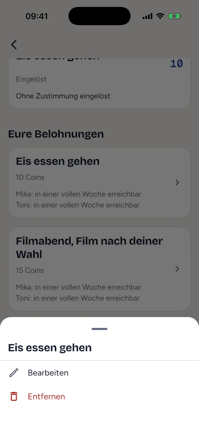 Das Blatt zur Belohnung „Eis essen gehen“ mit „Bearbeiten“ und, in Rot, „Entfernen“.