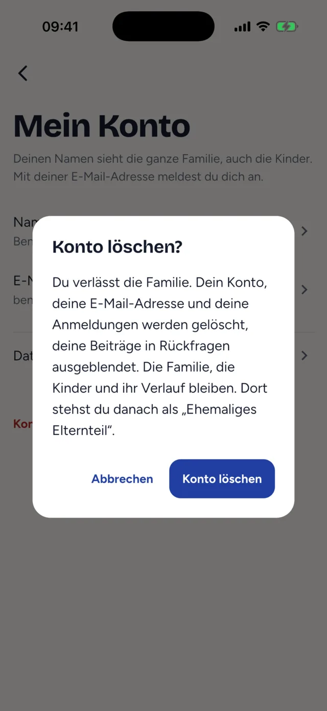 Die Rückfrage „Konto löschen?“ mit dem Satz, dass ihr die Familie verlasst, die Familie, die Kinder und ihr Verlauf bleiben und ihr danach als „Ehemaliges Elternteil“ steht, und den Knöpfen „Abbrechen“ und „Konto löschen“.