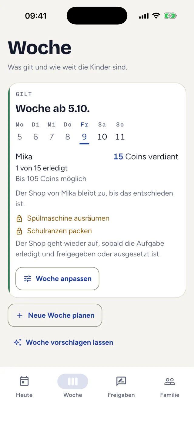 Die Karte der laufenden Woche im Tab „Woche“ mit Mika, „Der Shop von Mika bleibt zu, bis das entschieden ist.“, den sperrenden Aufgaben mit Schloss und „Der Shop geht wieder auf, sobald die Aufgabe erledigt und freigegeben oder ausgesetzt ist.“